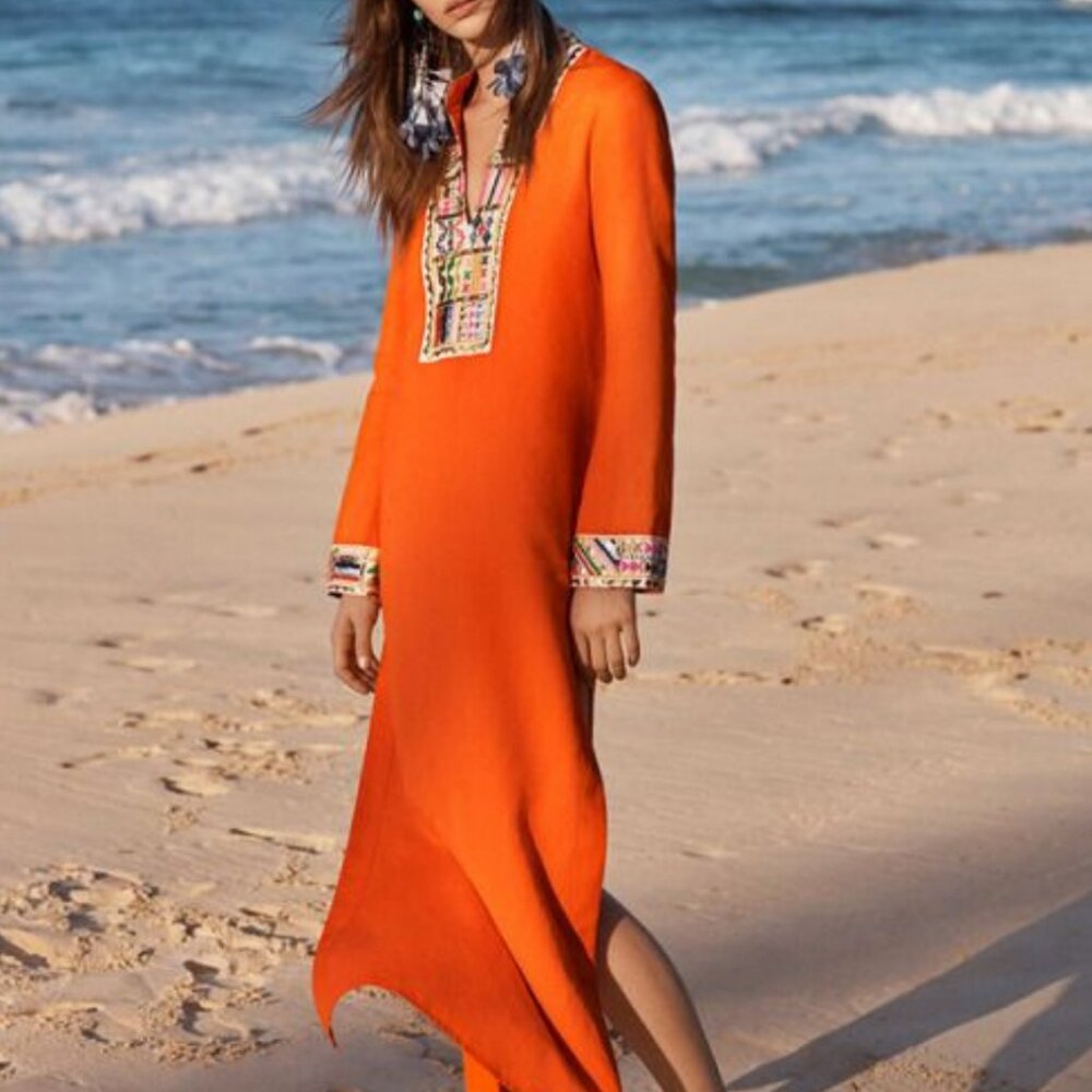 Tory Burch Embellished Caftan Orange Linen Size 14